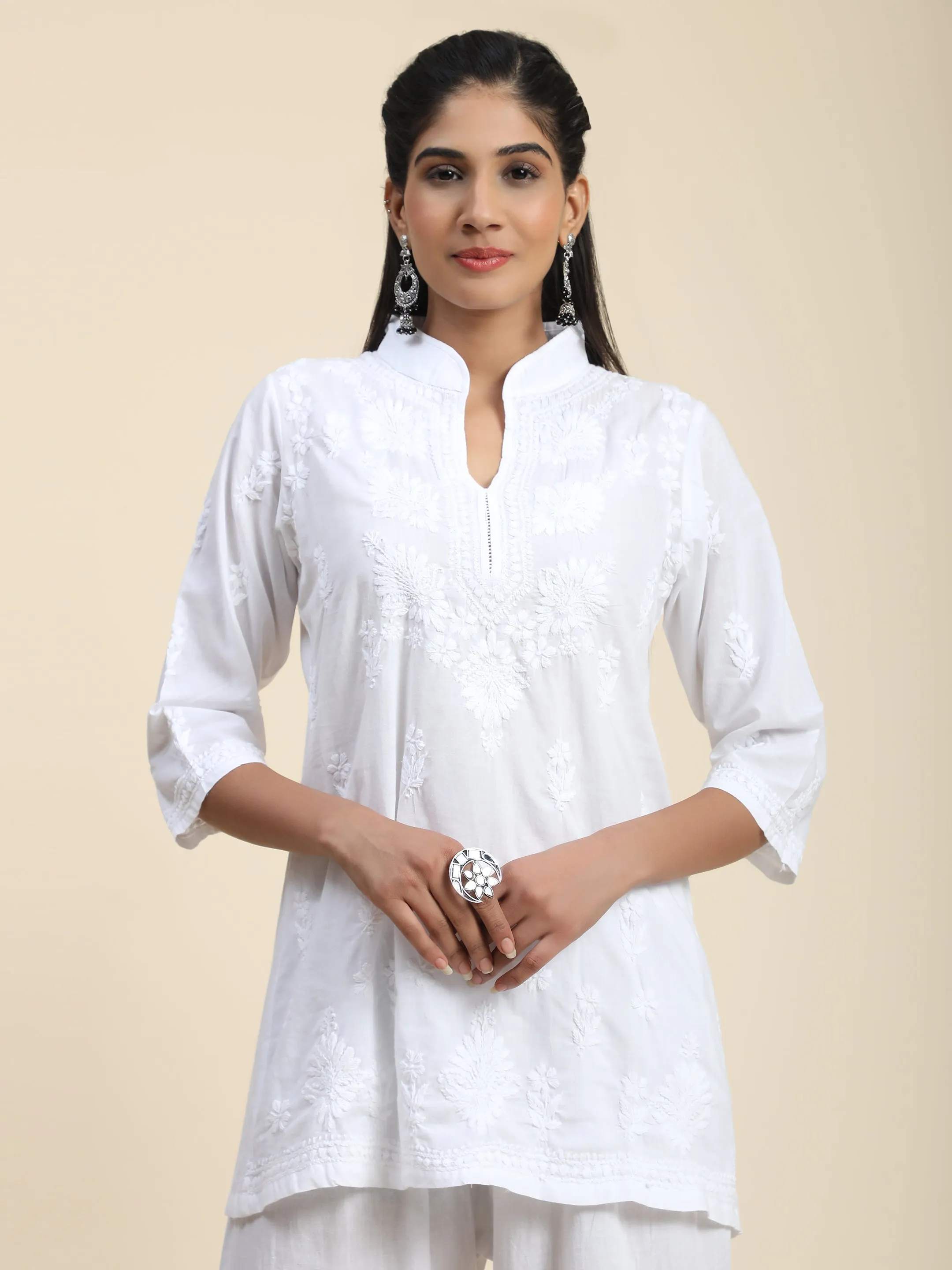 Hand Embroidery Chikankari Printed Short Cotton Tunics-White