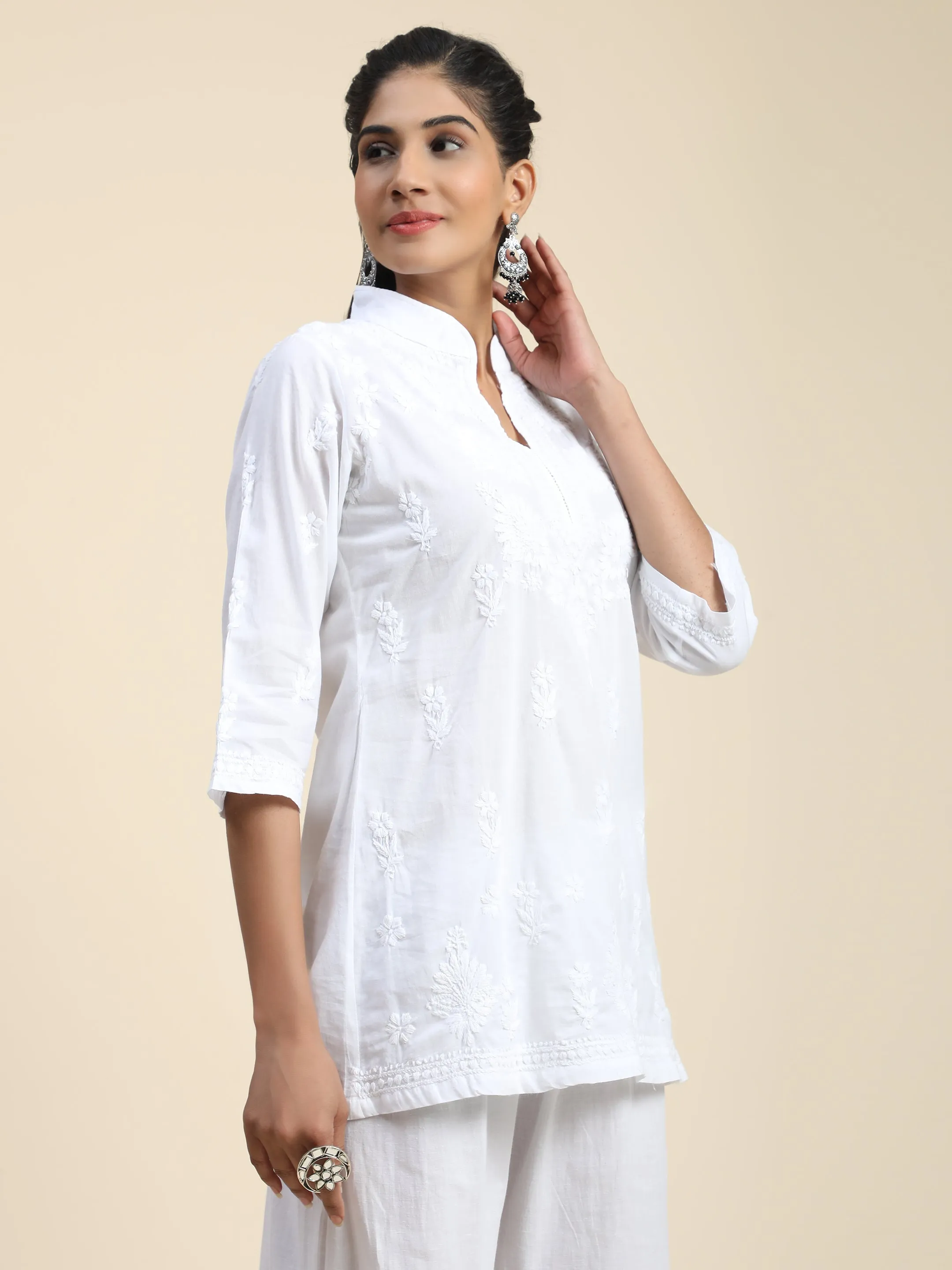 Hand Embroidery Chikankari Printed Short Cotton Tunics-White