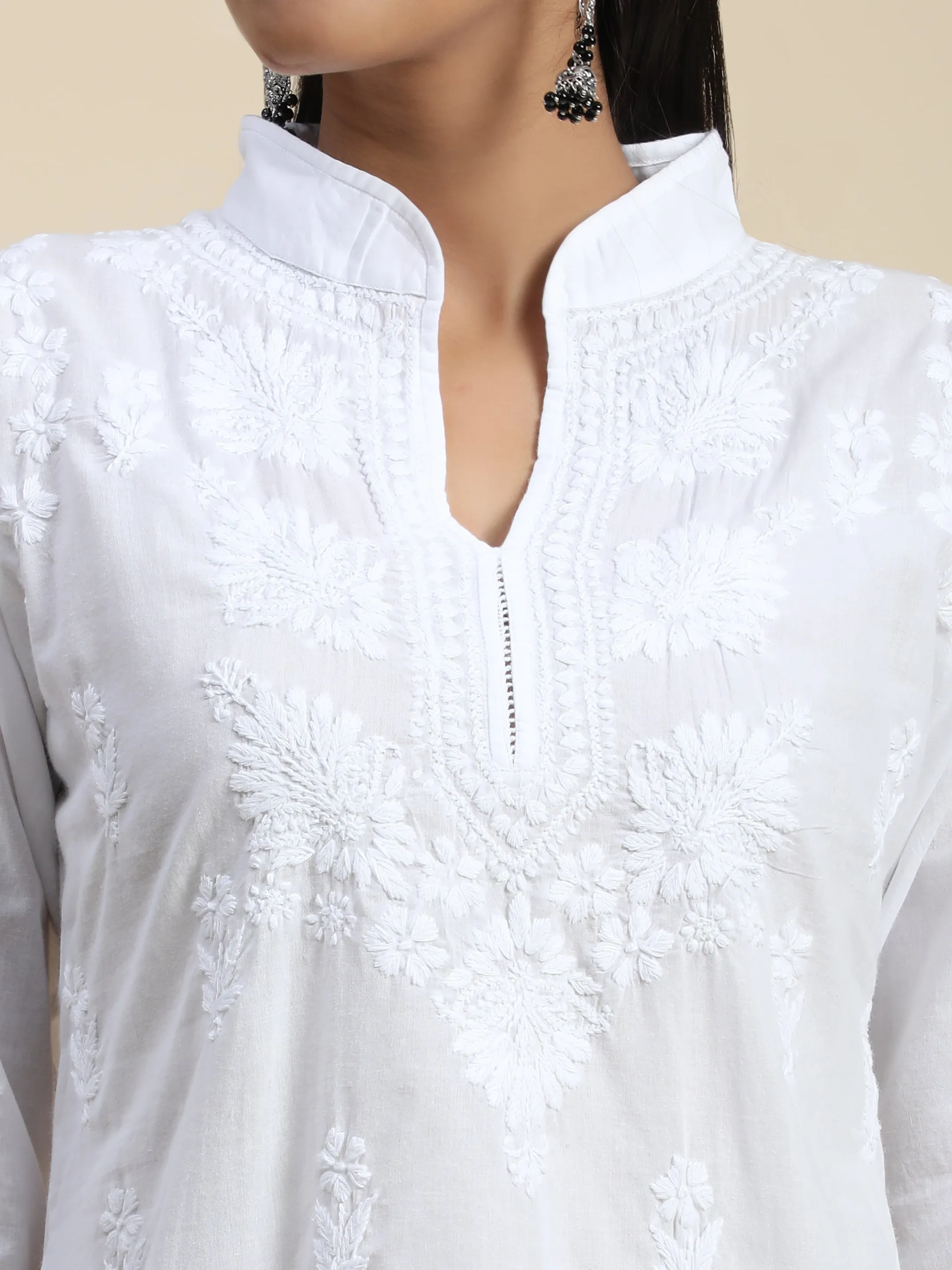 Hand Embroidery Chikankari Printed Short Cotton Tunics-White