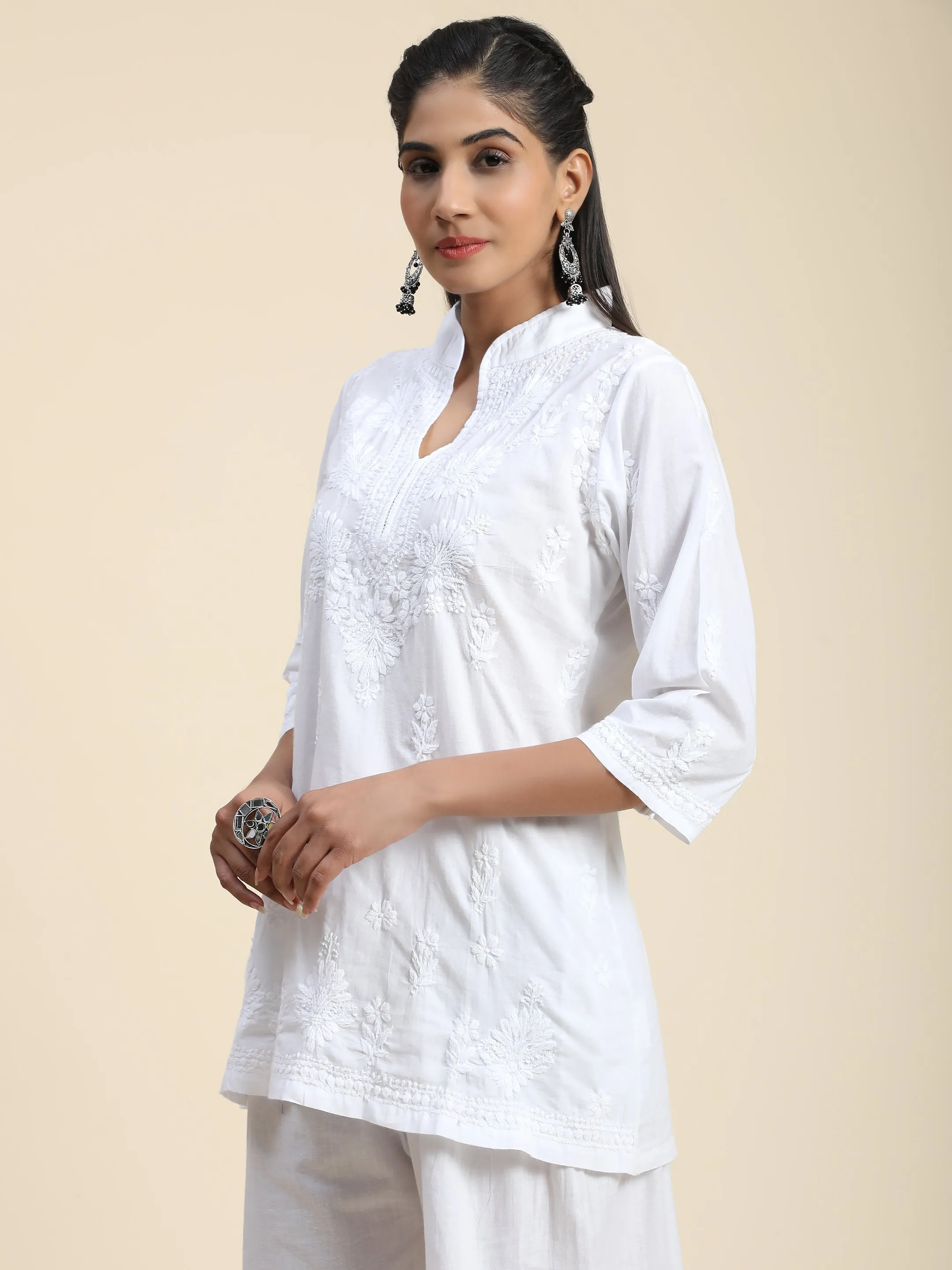 Hand Embroidery Chikankari Printed Short Cotton Tunics-White