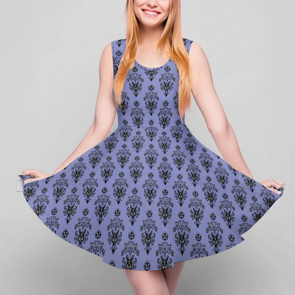 Haunted Mansion Wallpaper Women's Sleeveless Round Neck Skater Dress