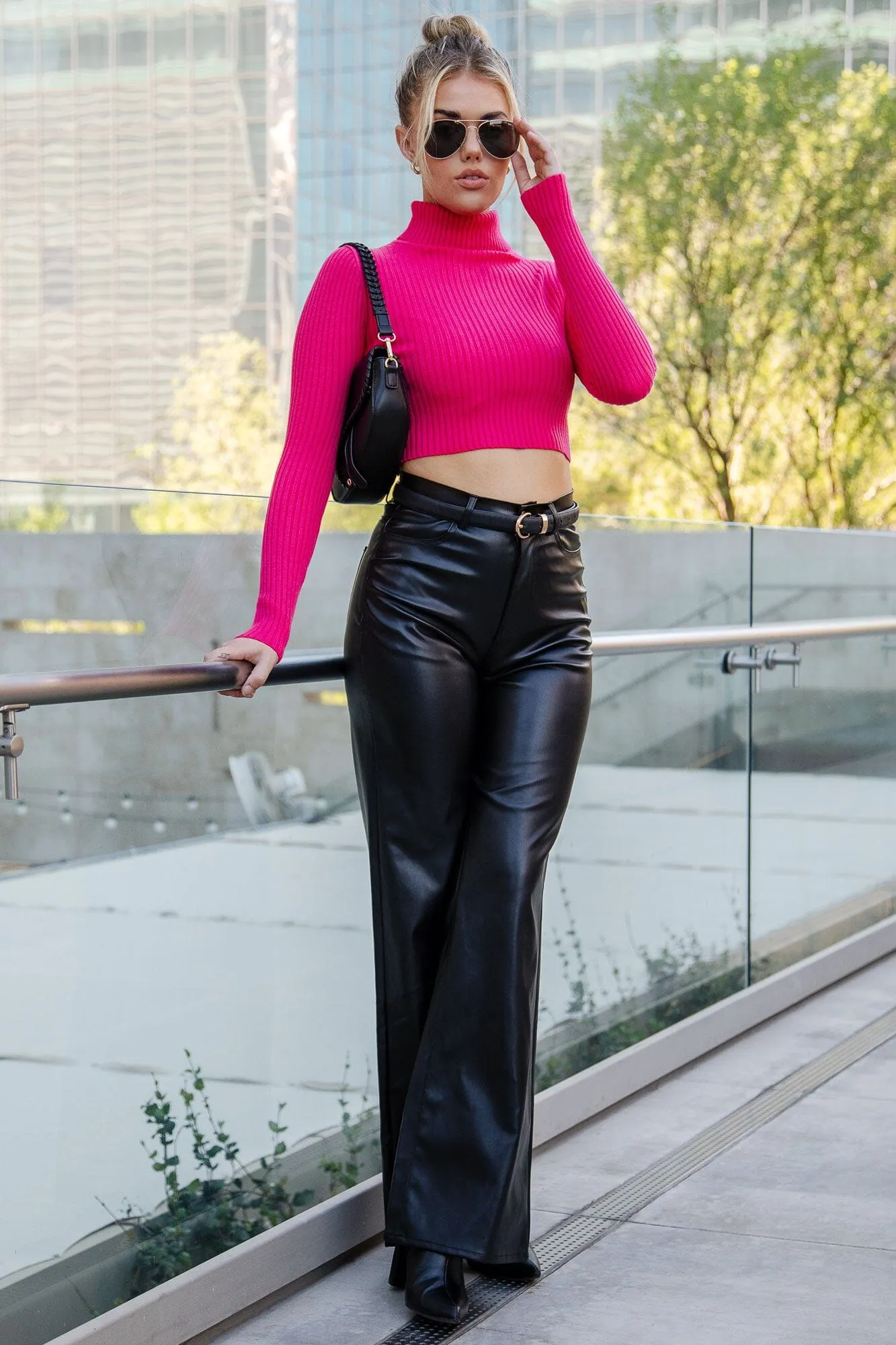 Hazy Fuchsia Ribbed Crop Turtleneck Top