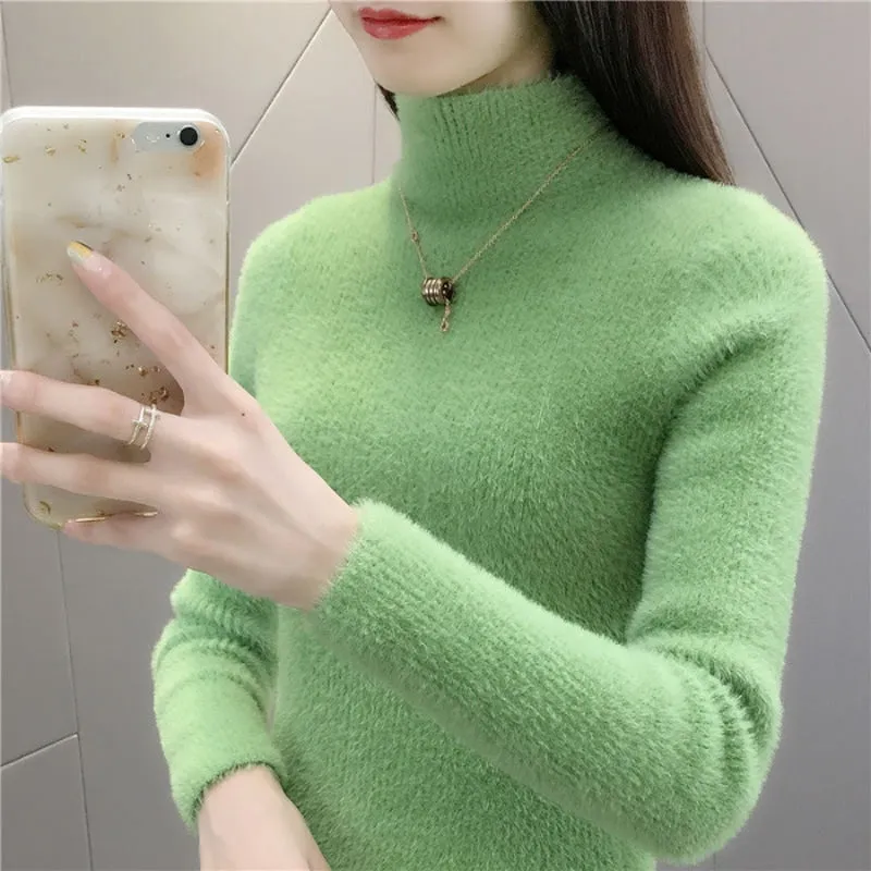 High Quality Faux Fur Women Knitted Sweater Winter Warm Turtleneck Pullover Female Top Casual Thick Korean Loose Jumper