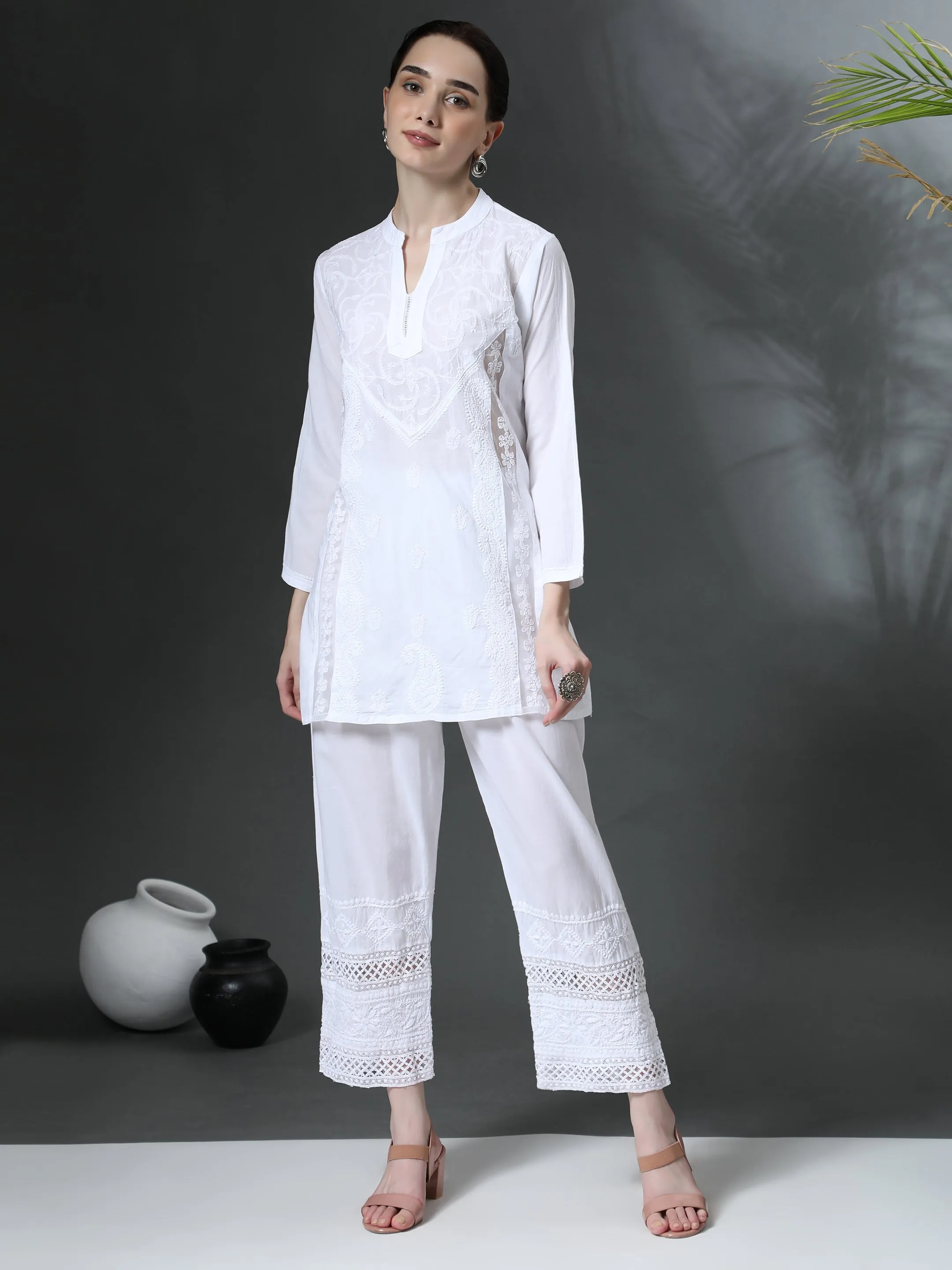 House Of Kari Chikankari Embroidered Cotton White Relaxed Pants Trousers-1