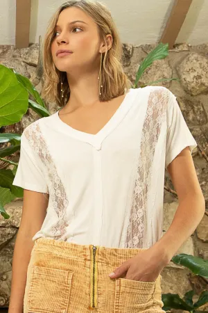 Inset Lace Outseam Detail Short Sleeve V-Neck T-Shirt