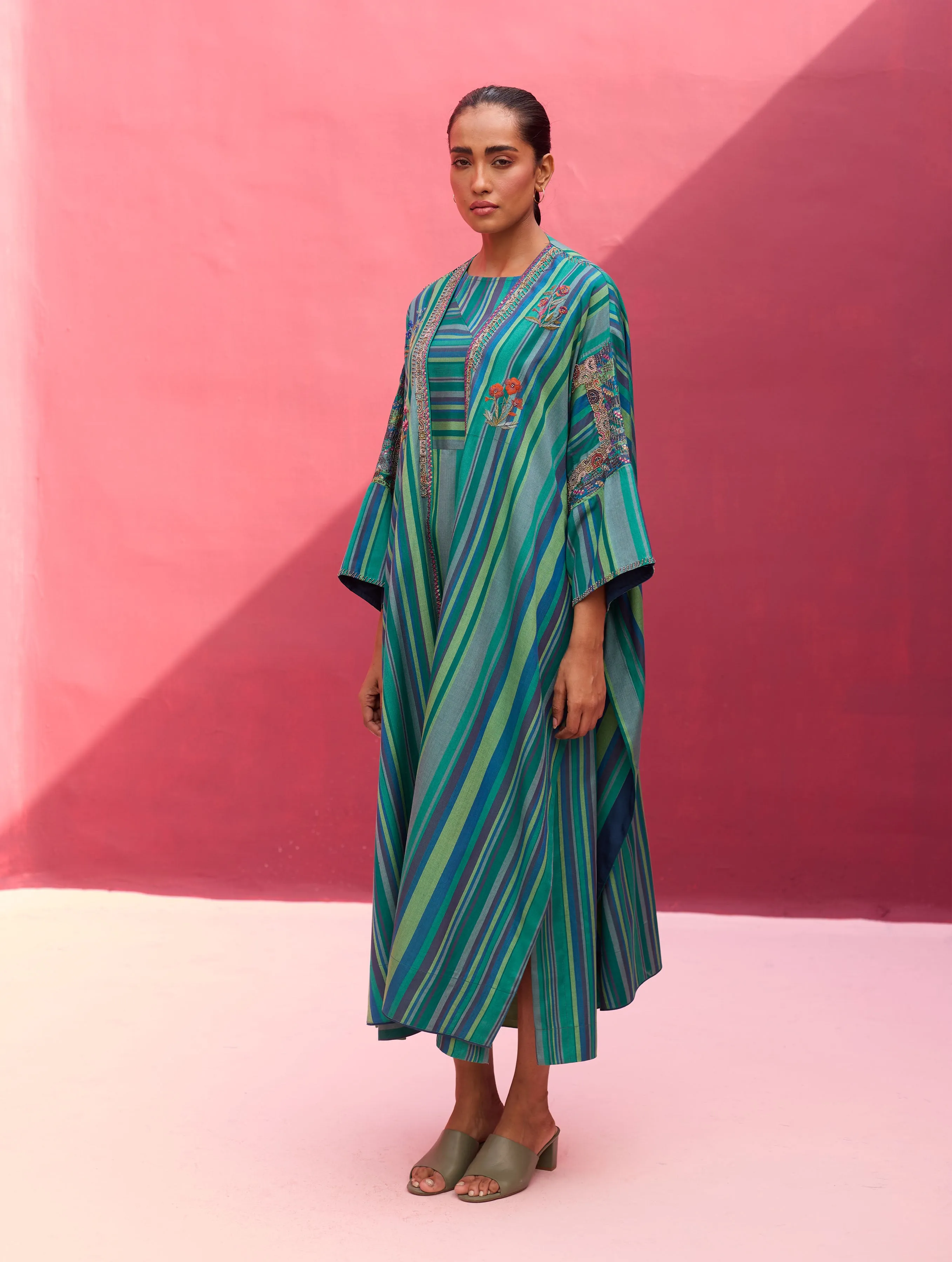 Irsa Silk Stripe Dress with Overlay - Peacock