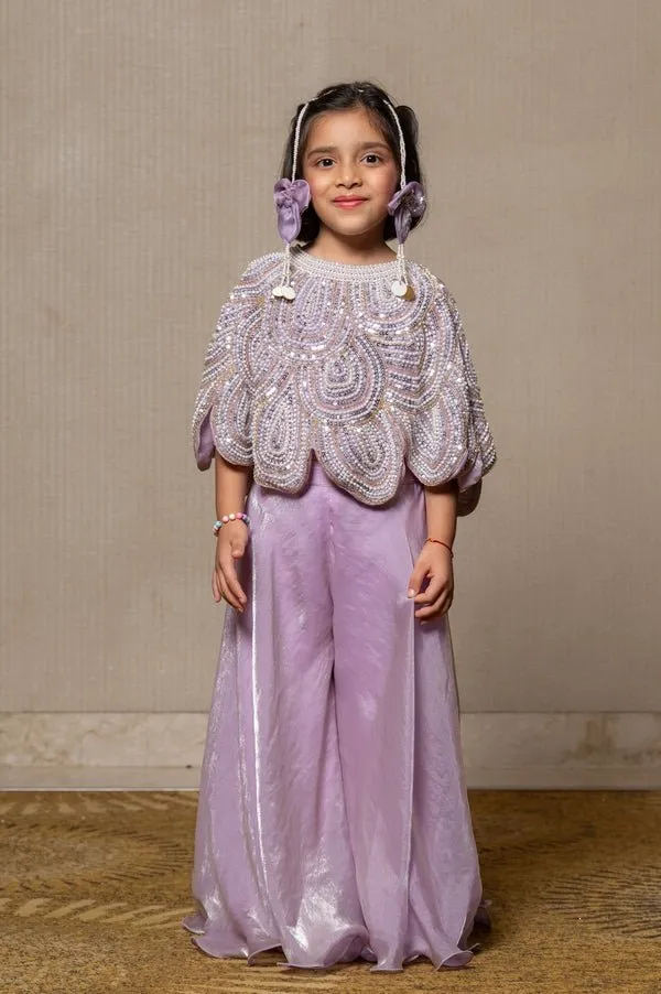 Lilac coloured crop top with heavy embroidered cape and Pants