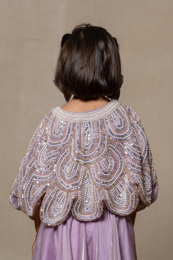 Lilac coloured crop top with heavy embroidered cape and Pants