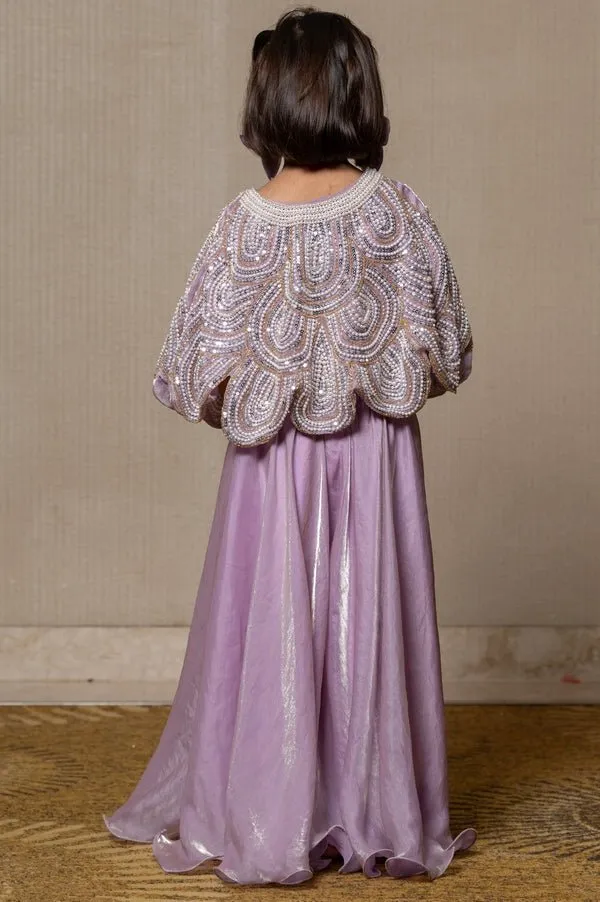 Lilac coloured crop top with heavy embroidered cape and Pants