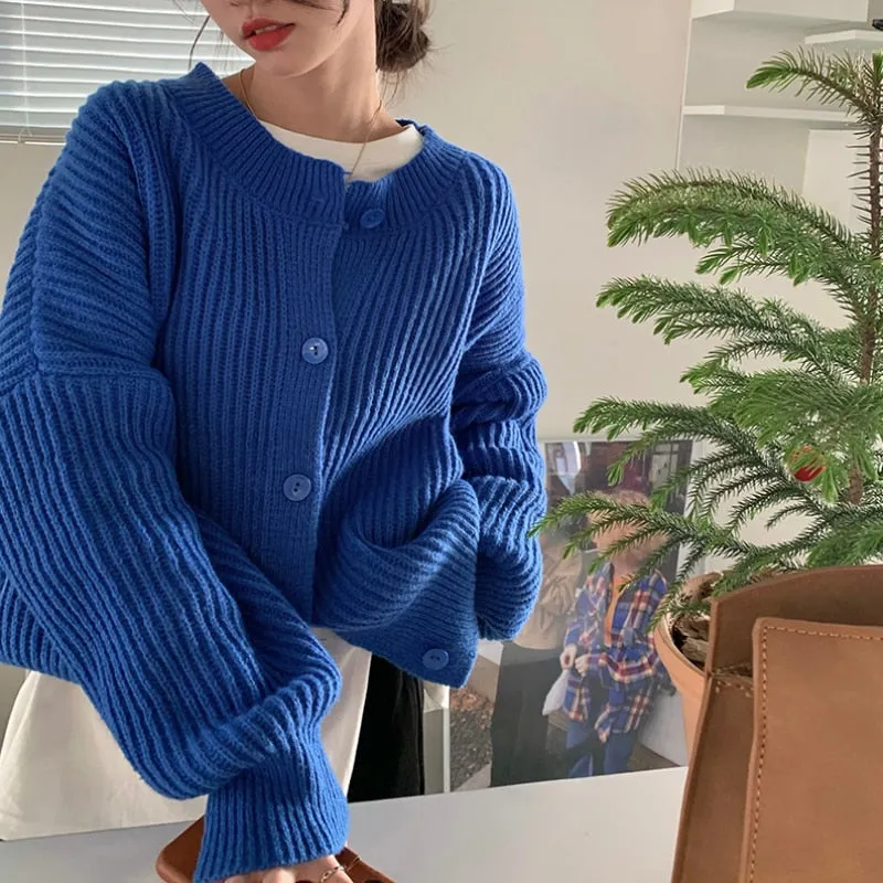 Loose Women Cardigan Sweater Designed Casual O Neck Blue Jumper Winter Thick Loose Female Knitted Coats Oversize Tops