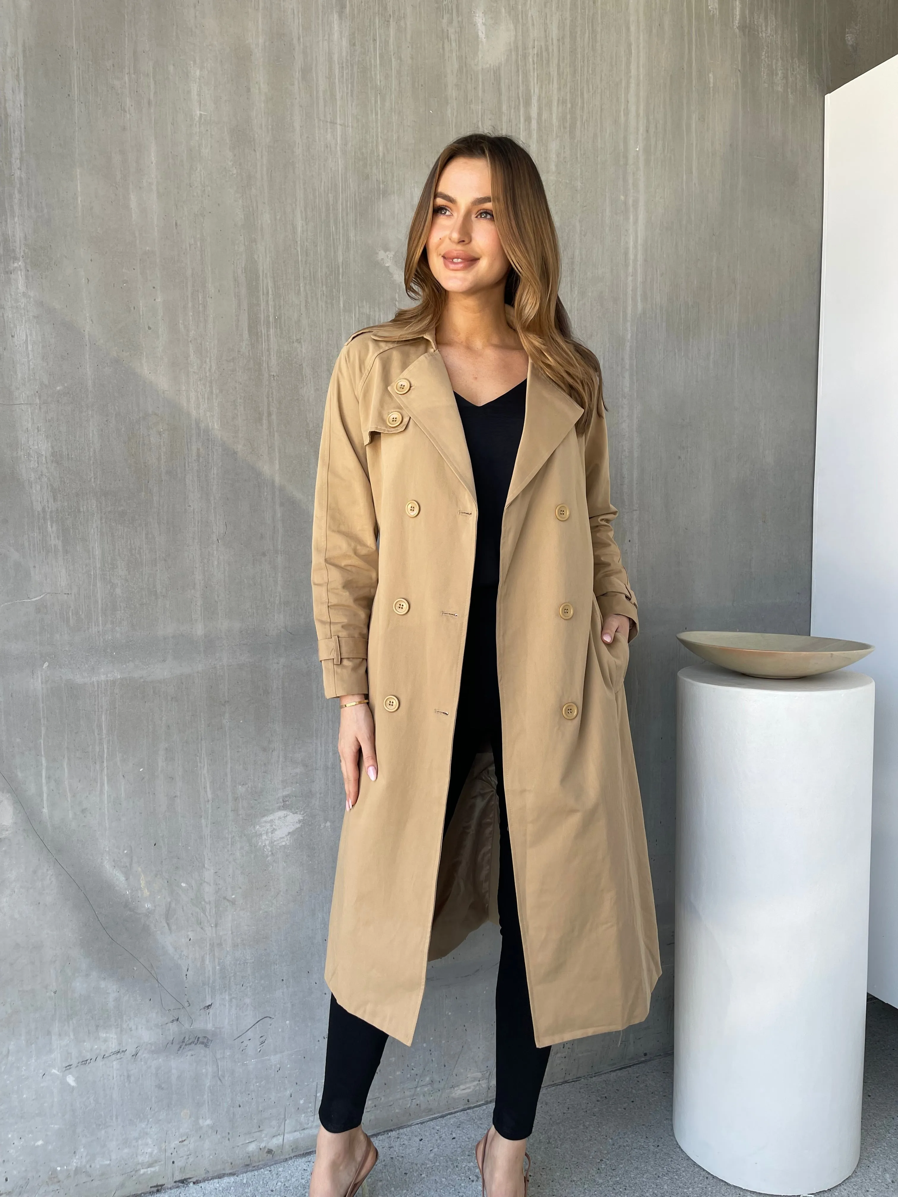 Loretta Camel Tie Waist Trench Coat