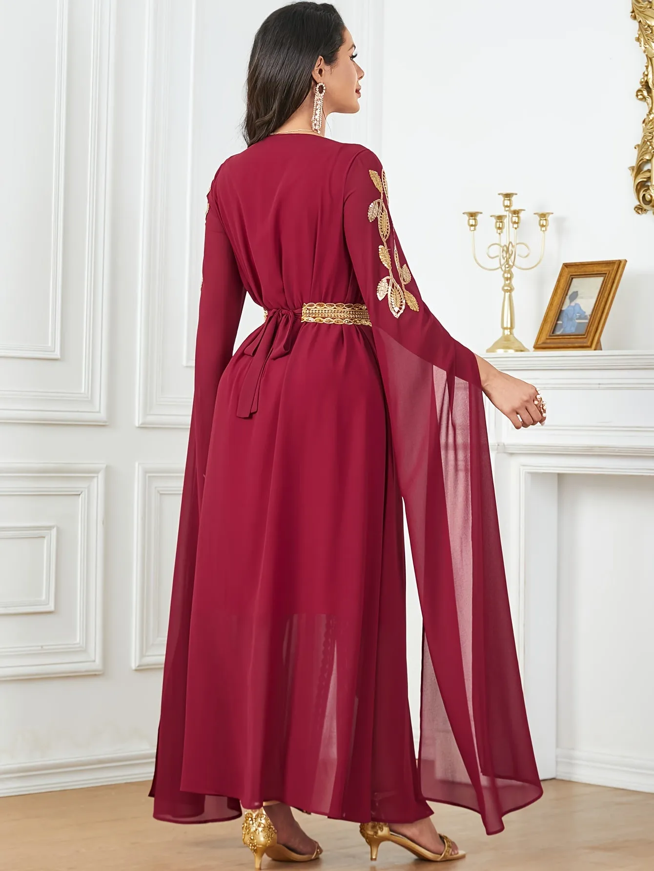 Luxurious Embroidered V-Neck Kaftan Maxi Dress - Elegant Tied Waist, Flowy Cape Sleeves, Comfortable Women's Clothing for Special Occasions - Perfect for Formal Events, Weddings, and Parties