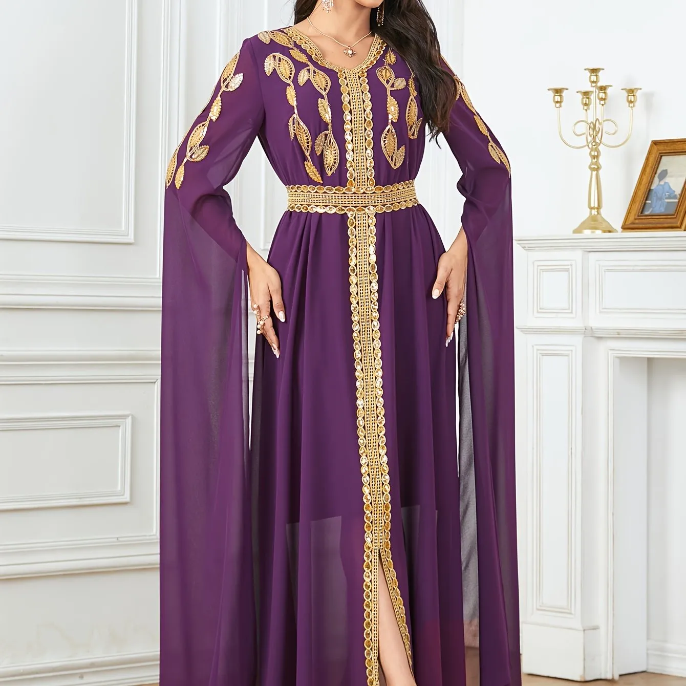 Luxurious Embroidered V-Neck Kaftan Maxi Dress - Elegant Tied Waist, Flowy Cape Sleeves, Comfortable Women's Clothing for Special Occasions - Perfect for Formal Events, Weddings, and Parties