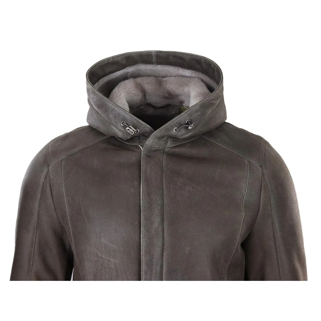 Mens 3/4 Brown Soft Sheepskin Hood Jacket Genuine 3/4 Coat Classic Warm Winter