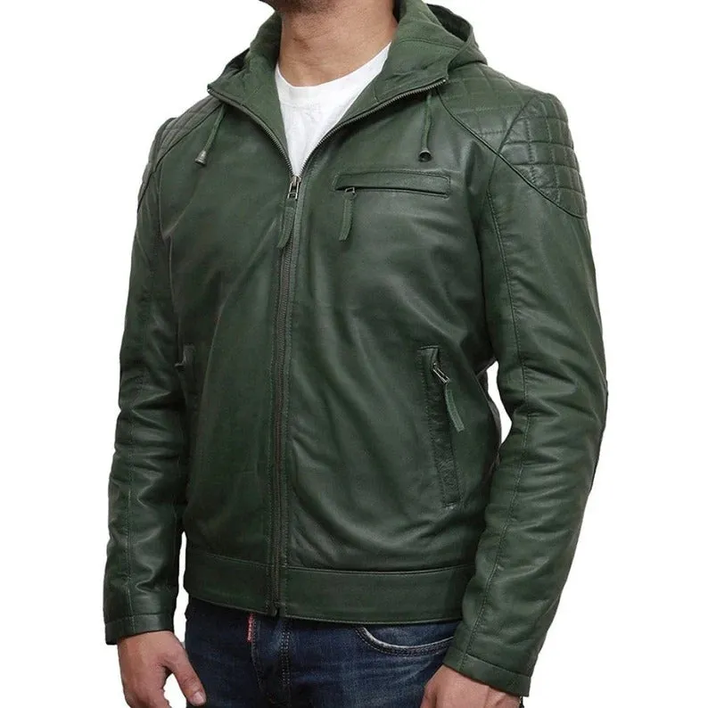 Men's Green Hooded Biker Leather Jacket