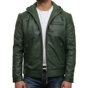 Men's Green Hooded Biker Leather Jacket