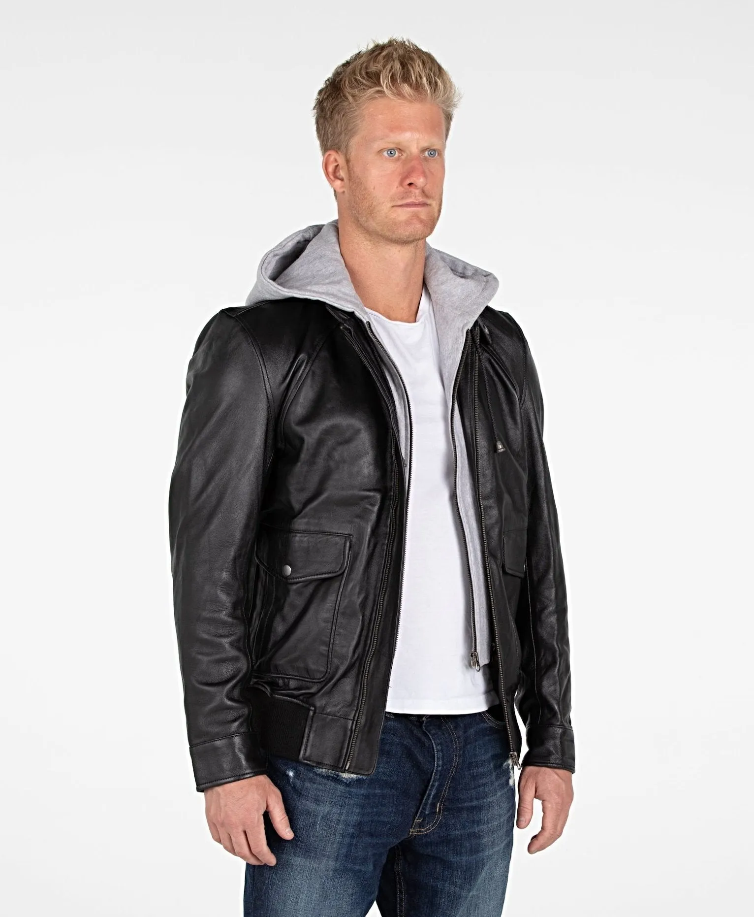 Men's Lambskin Hooded Leather Bomber Jacket - Clearance