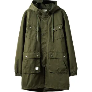 Men's Military Tactical Hooded Trench Coat - Mid-length Casual Windbreaker