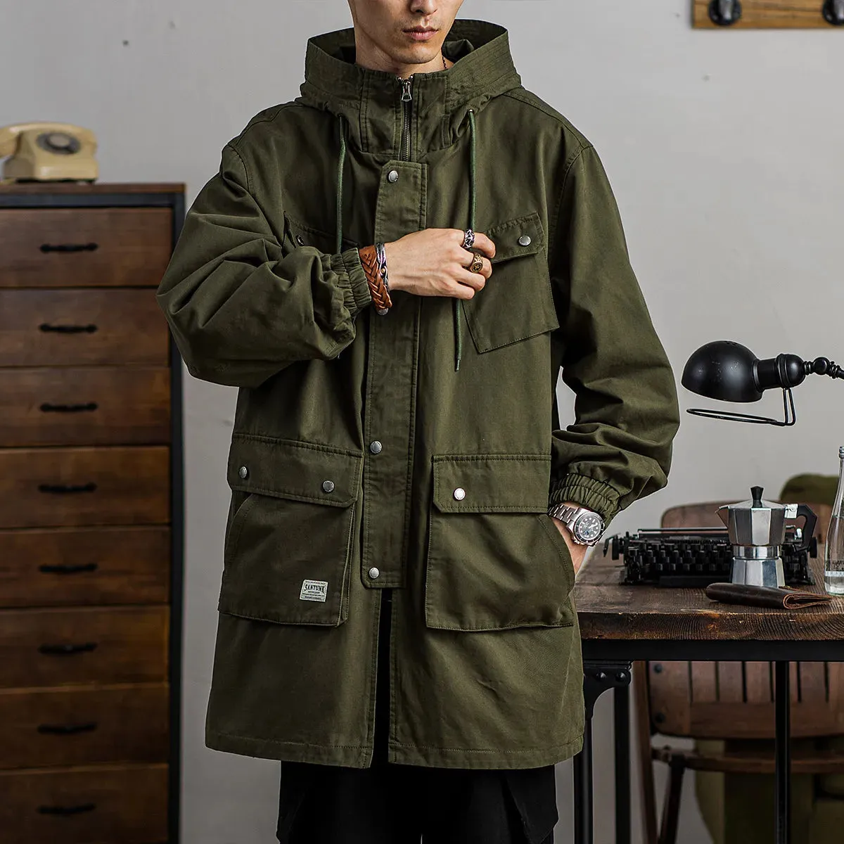 Men's Military Tactical Hooded Trench Coat - Mid-length Casual Windbreaker