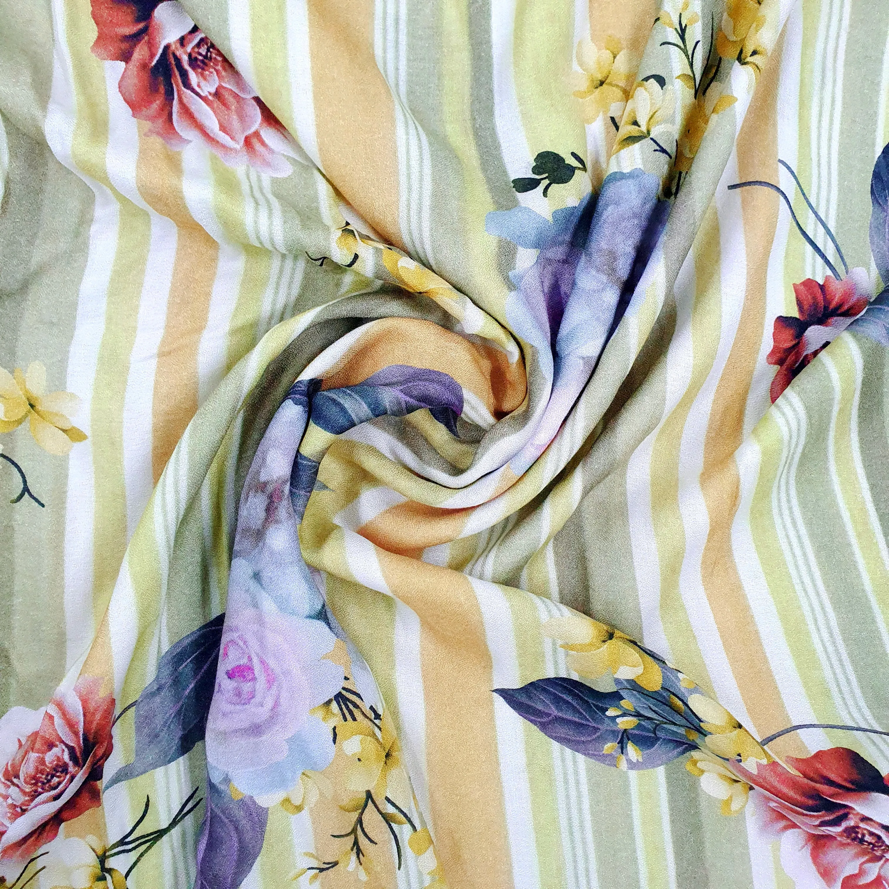 Multi Color Floral Stripe Print Viscose Fabric