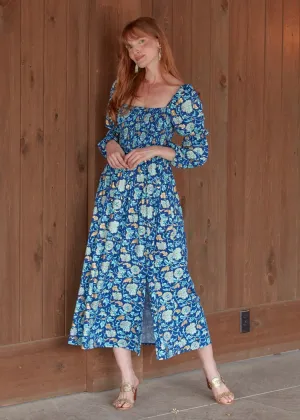 Navy Floral Metallic Puff Sleeve Maxi Dress