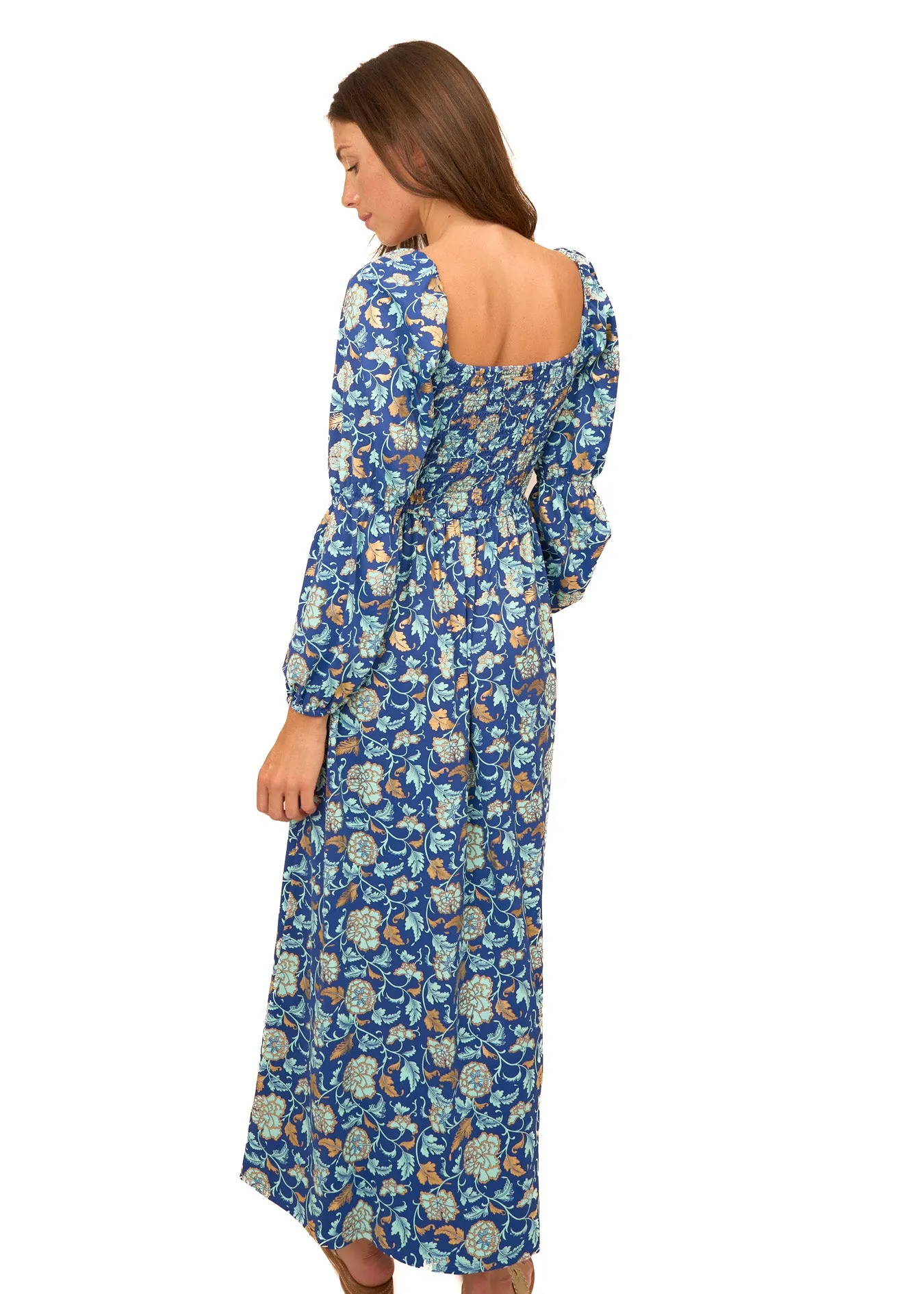 Navy Floral Metallic Puff Sleeve Maxi Dress