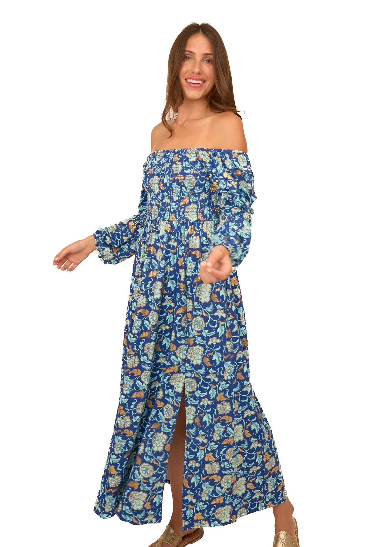 Navy Floral Metallic Puff Sleeve Maxi Dress