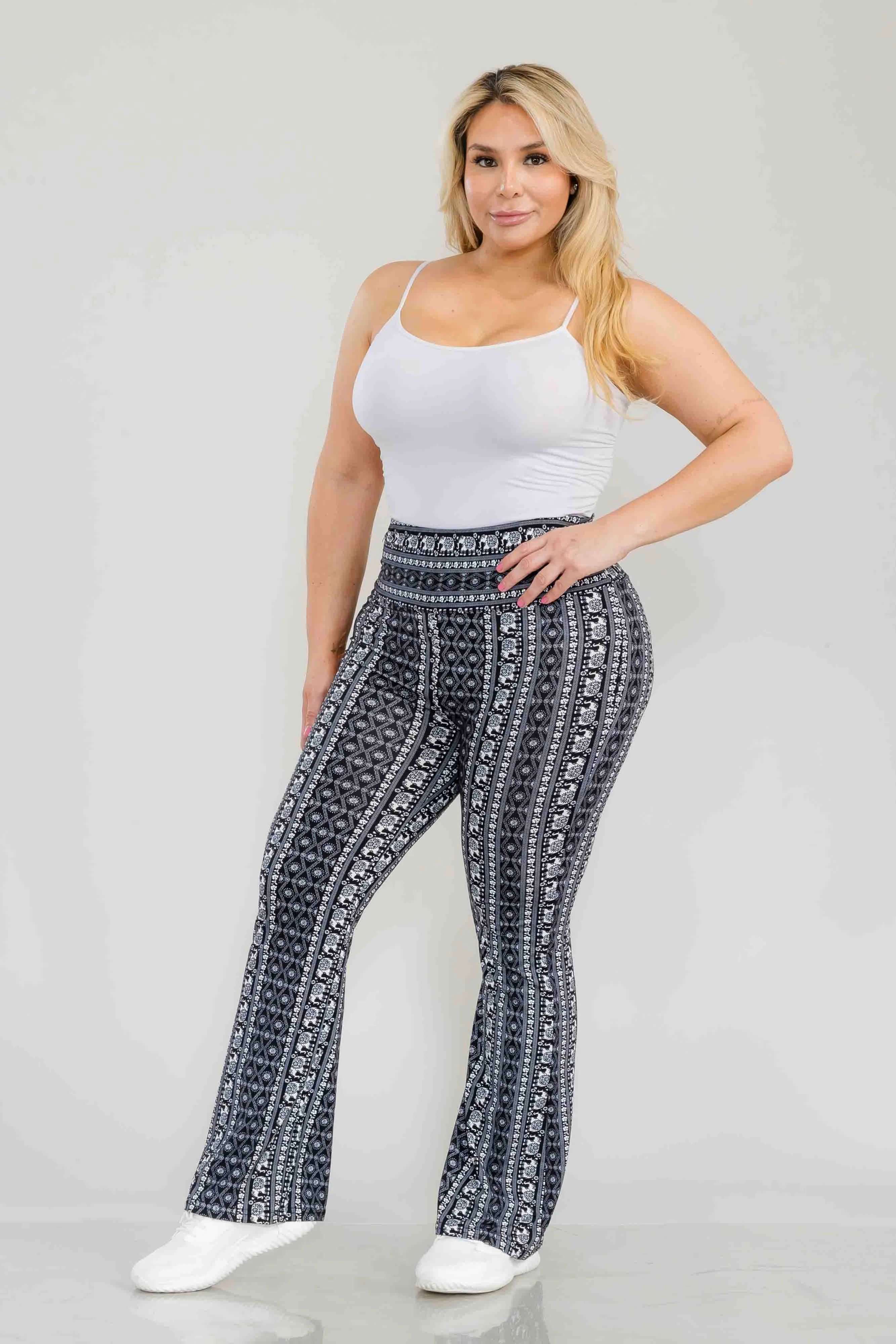 Plus Size High Waist Printed Soft Brushed Flare Pants - Black, White Elephant Boho