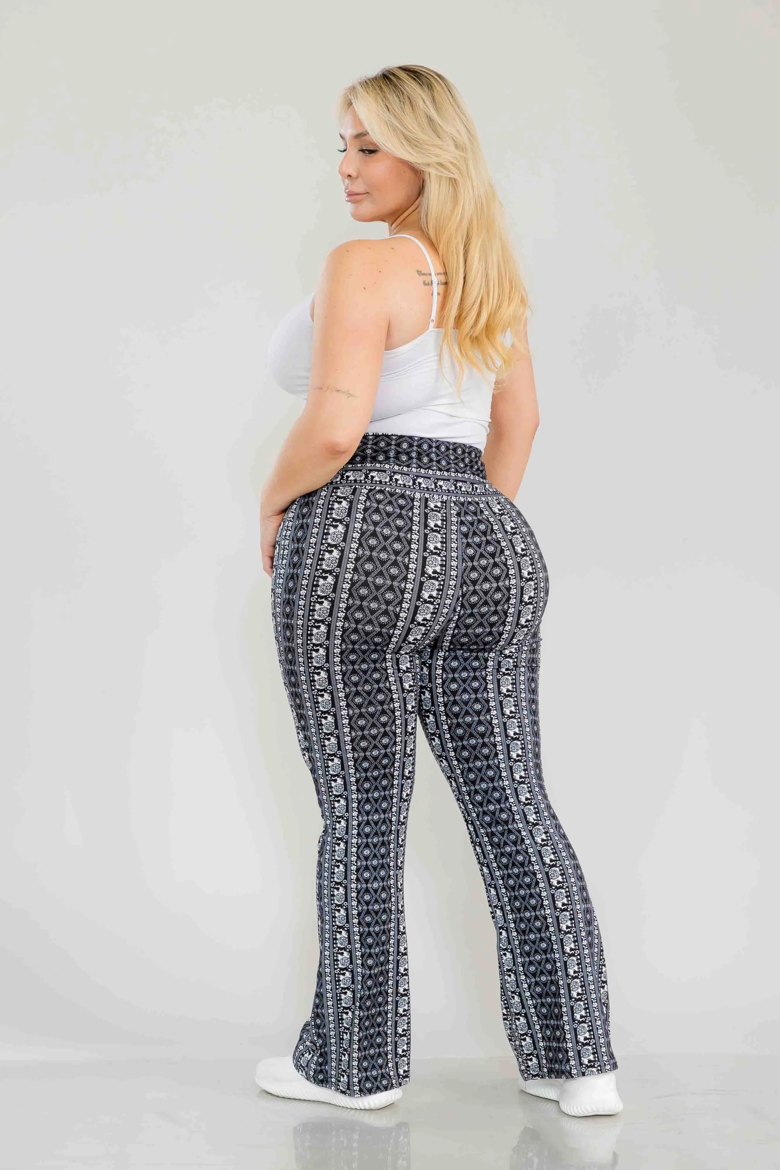 Plus Size High Waist Printed Soft Brushed Flare Pants - Black, White Elephant Boho