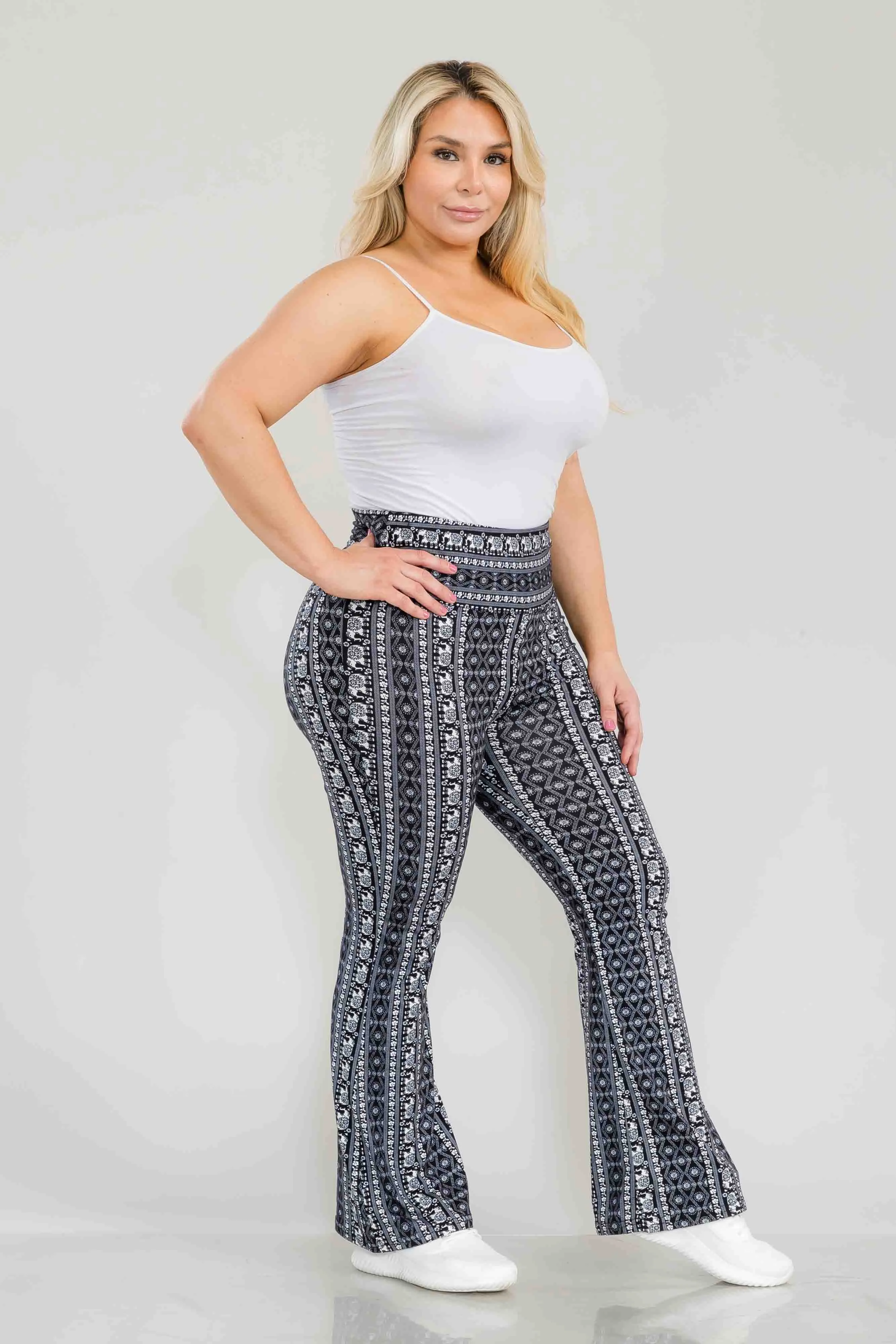 Plus Size High Waist Printed Soft Brushed Flare Pants - Black, White Elephant Boho