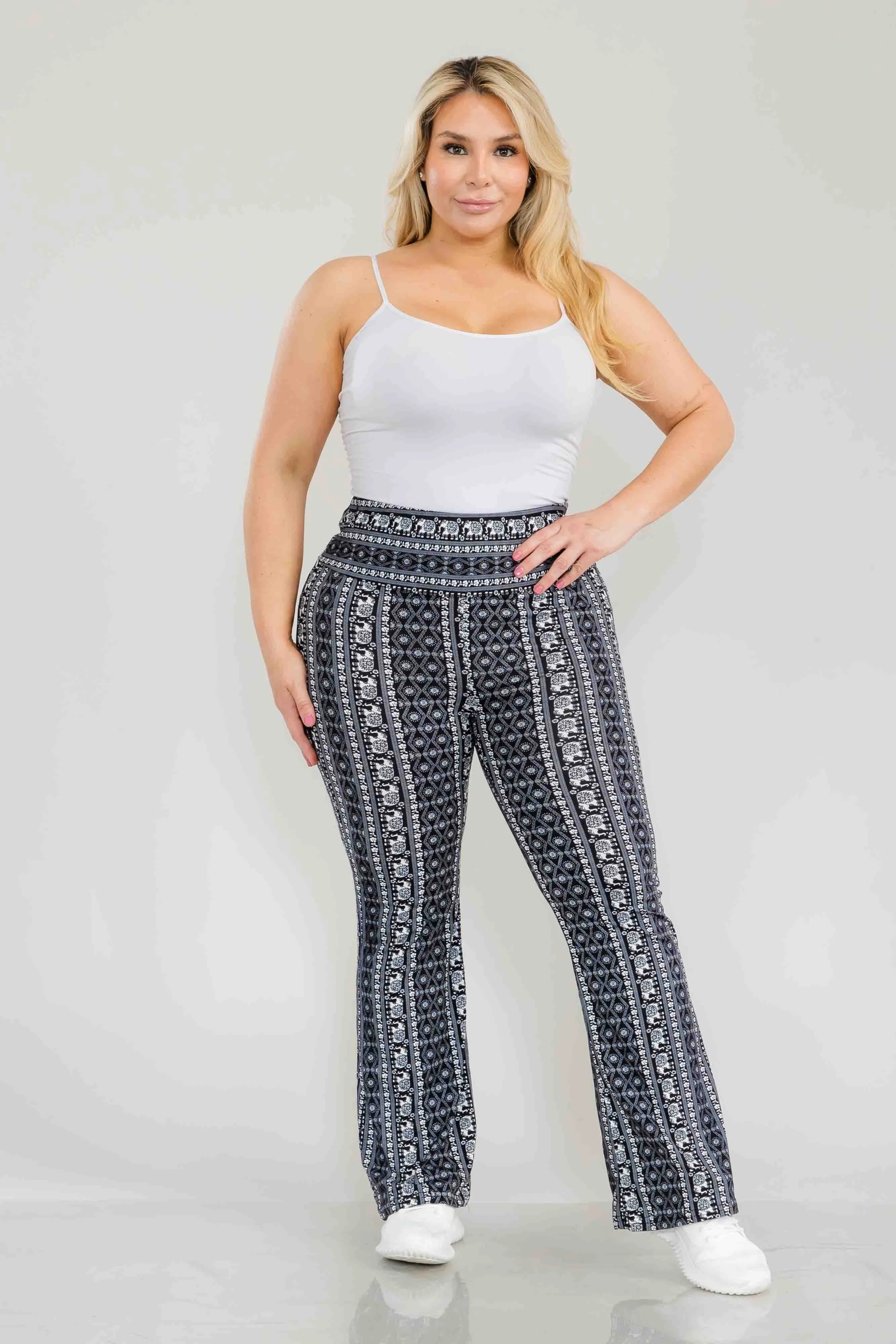 Plus Size High Waist Printed Soft Brushed Flare Pants - Black, White Elephant Boho