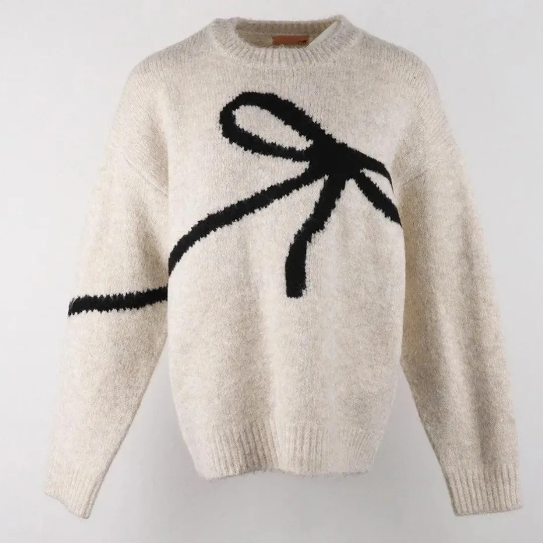 Pre Order:  Black Bow Soft Knitted Loose Round Neck Sweater