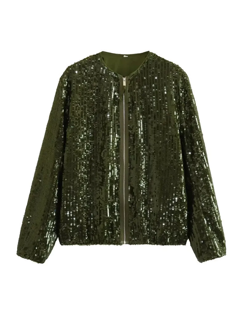 Pre Order:  Sequin Shimmer Zip Up Pilot Jacket