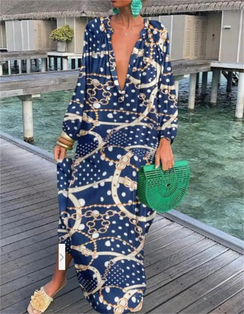 Printed Pullover Long Sleeve V-Neck Swing Loose Long Dress