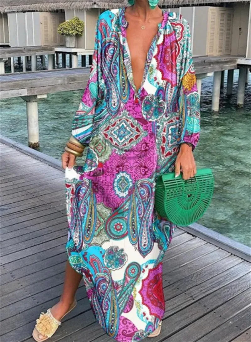 Printed Pullover Long Sleeve V-Neck Swing Loose Long Dress