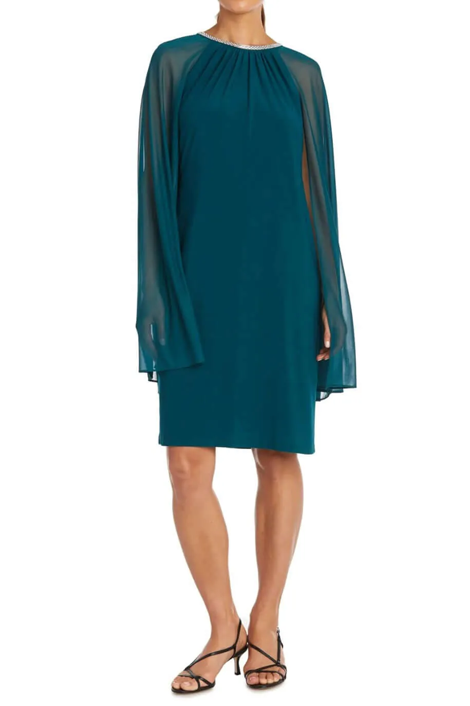 R&M Richards Embellished Crew Neck Cape Sleeve Zipper Back Solid Chiffon Dress