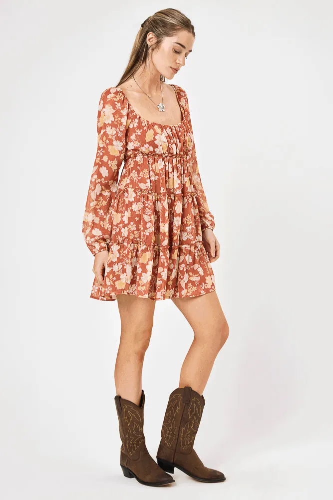 Rust Floral Long Sleeve Baby Doll Dress