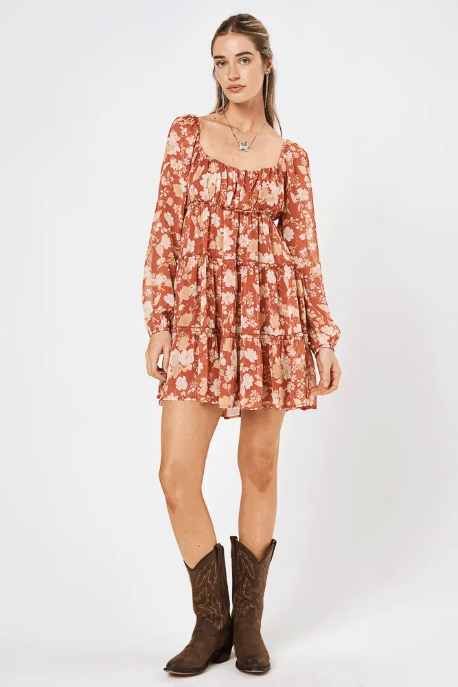 Rust Floral Long Sleeve Baby Doll Dress