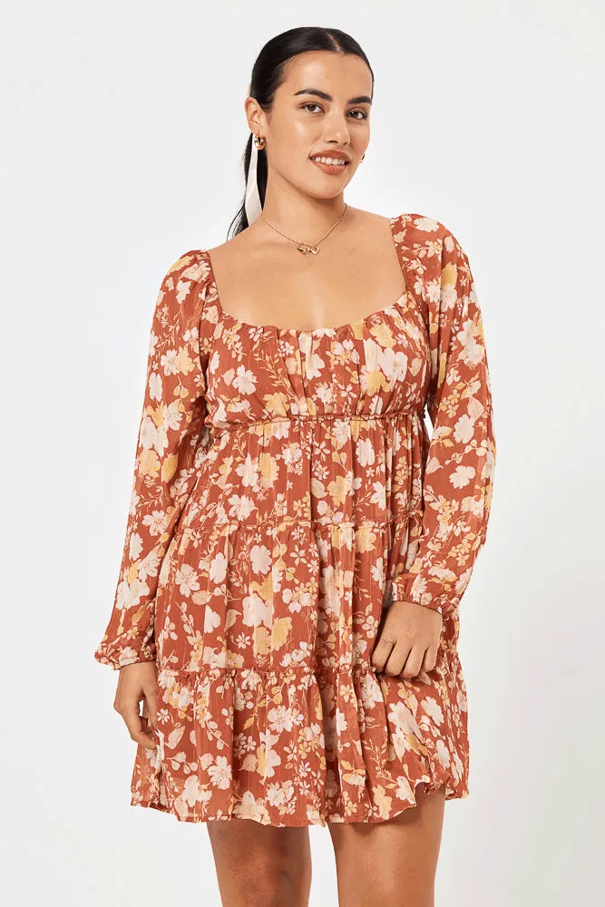 Rust Floral Long Sleeve Baby Doll Dress