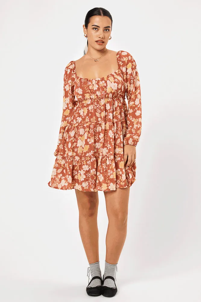 Rust Floral Long Sleeve Baby Doll Dress