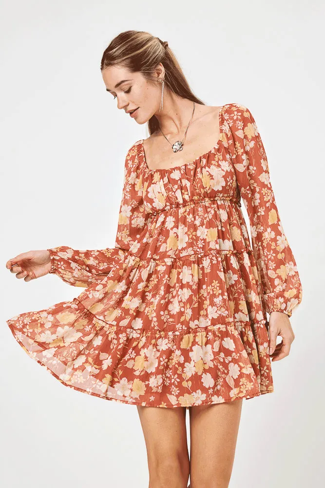 Rust Floral Long Sleeve Baby Doll Dress