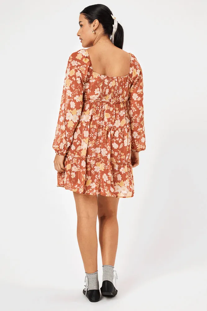 Rust Floral Long Sleeve Baby Doll Dress