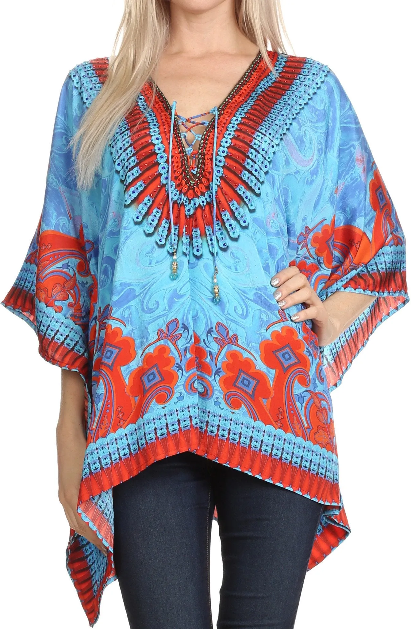 Sakkas Celeste Short V-Neck Lace Up Jewel Drawstring Poncho Coverup Kaftan Top