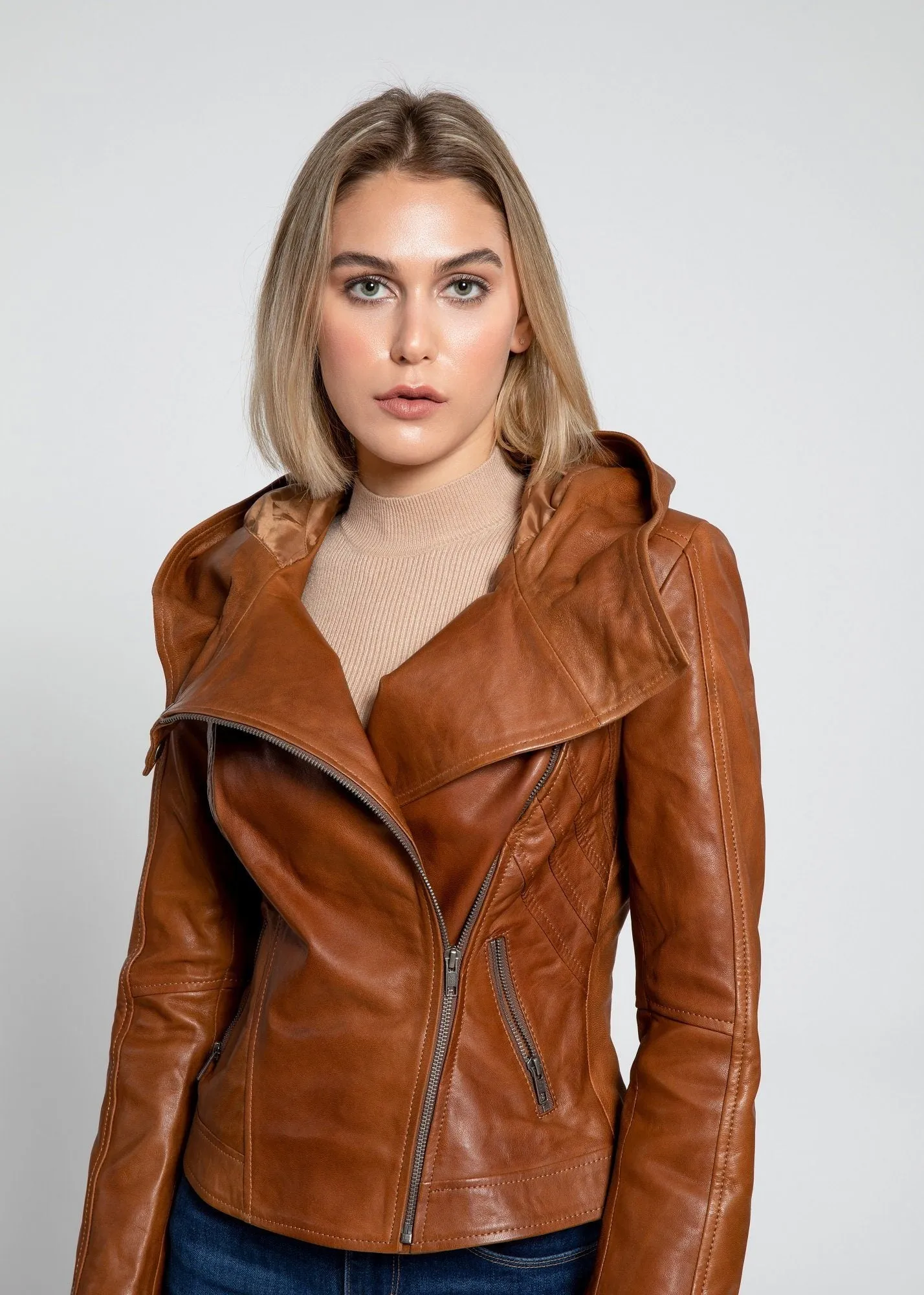 Sasha High Fashion Womens Hooded Leather Jacket