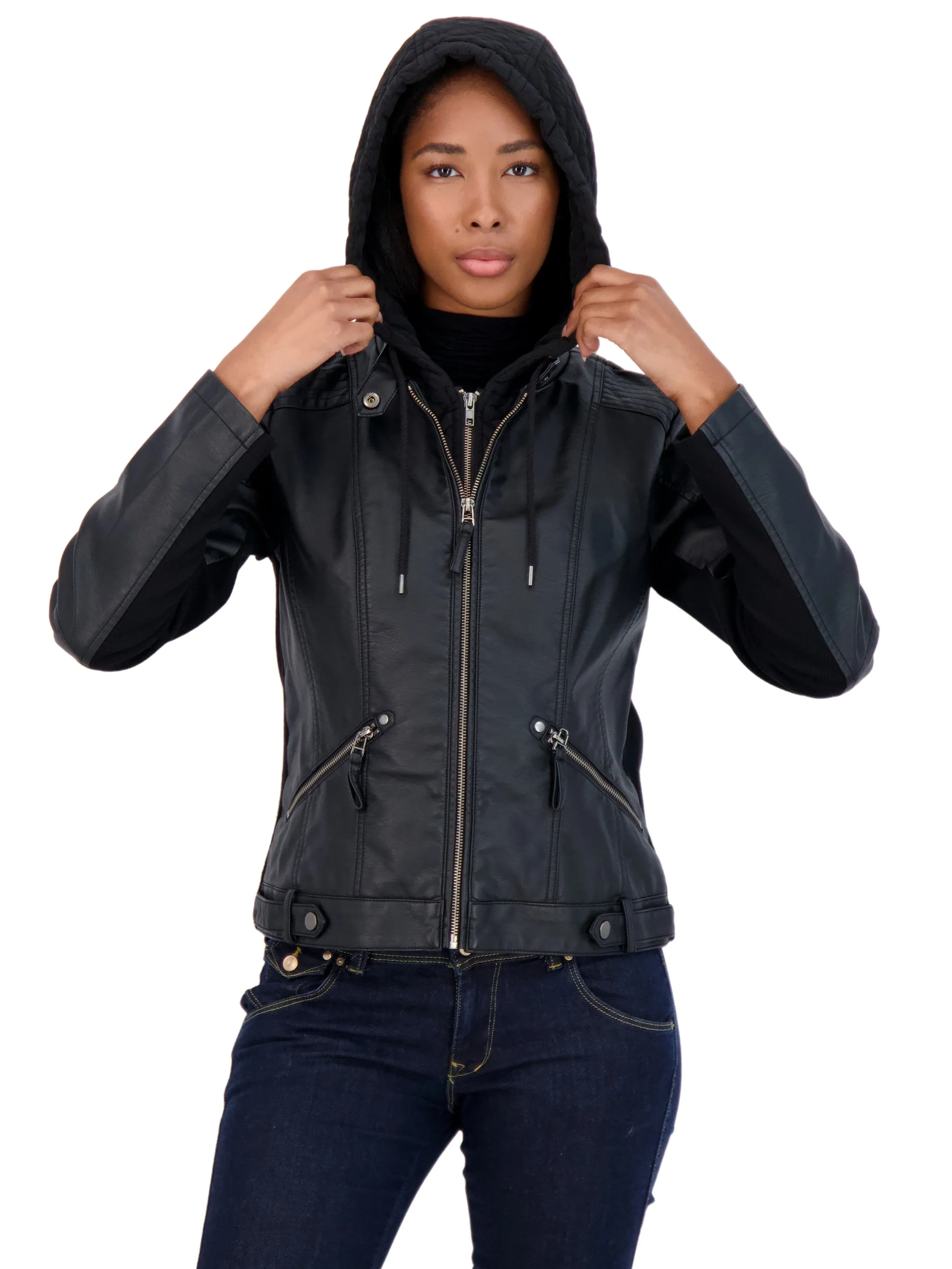 Sebby Collection Women's Faux Leather Jacket with Quilted Hood and Bib