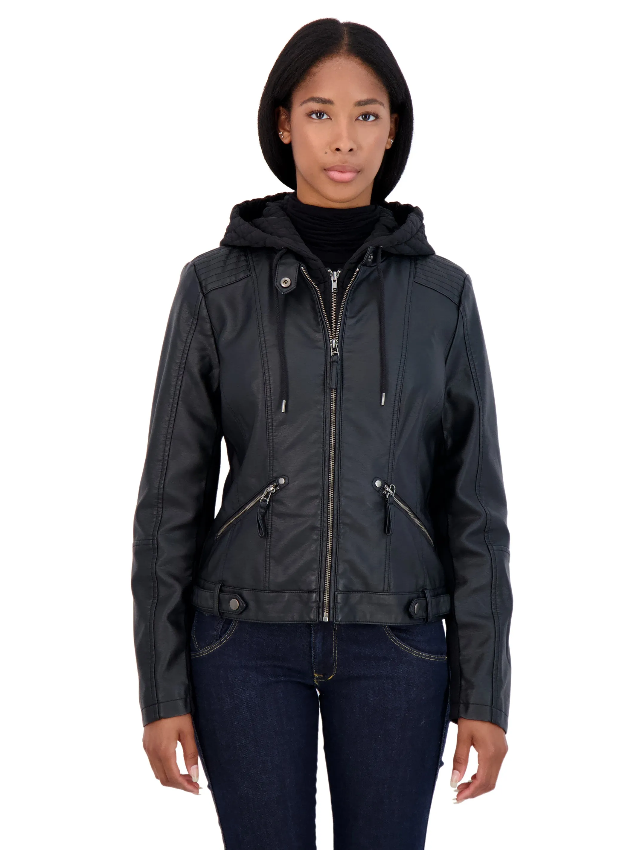 Sebby Collection Women's Faux Leather Jacket with Quilted Hood and Bib