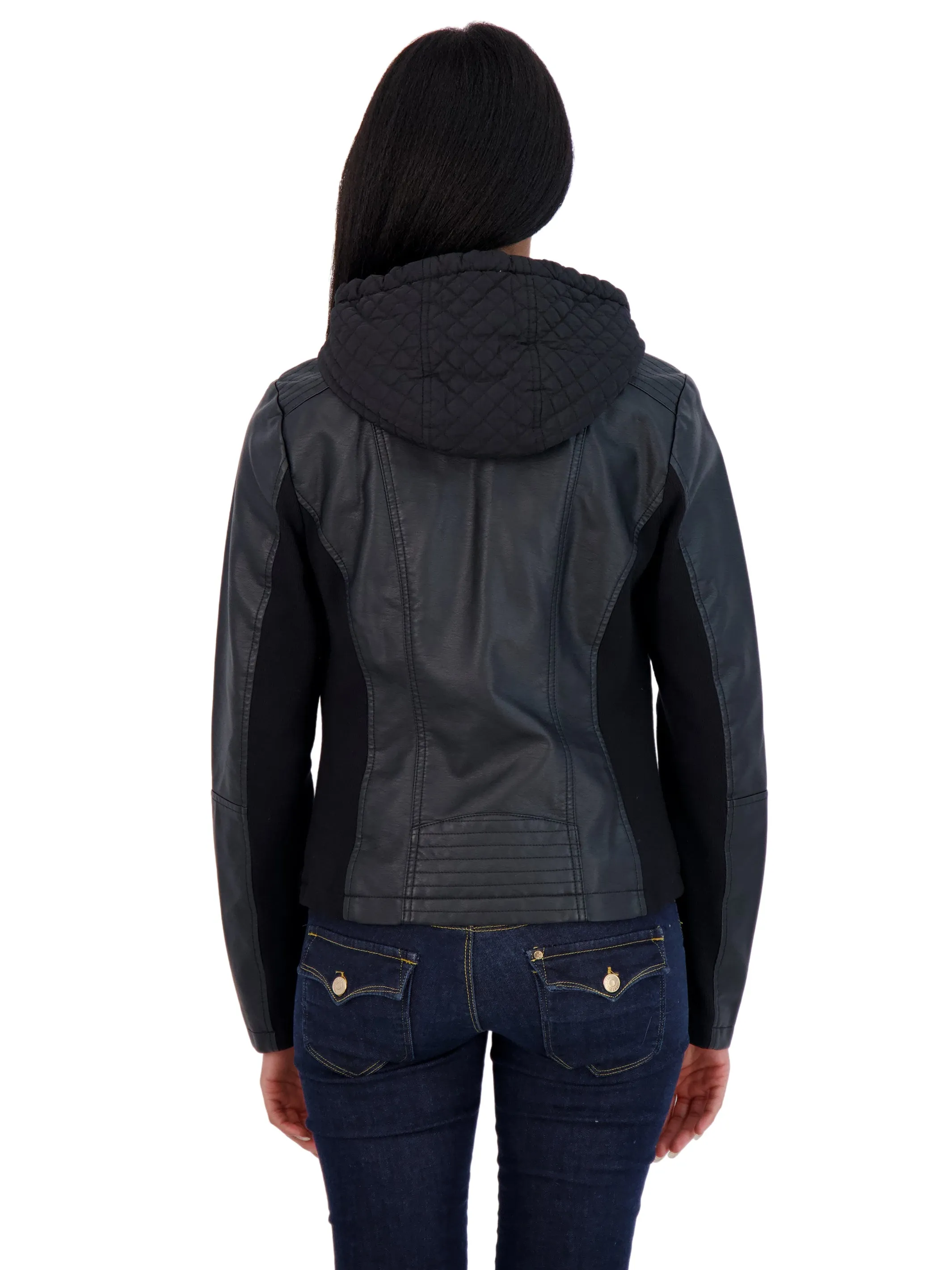 Sebby Collection Women's Faux Leather Jacket with Quilted Hood and Bib