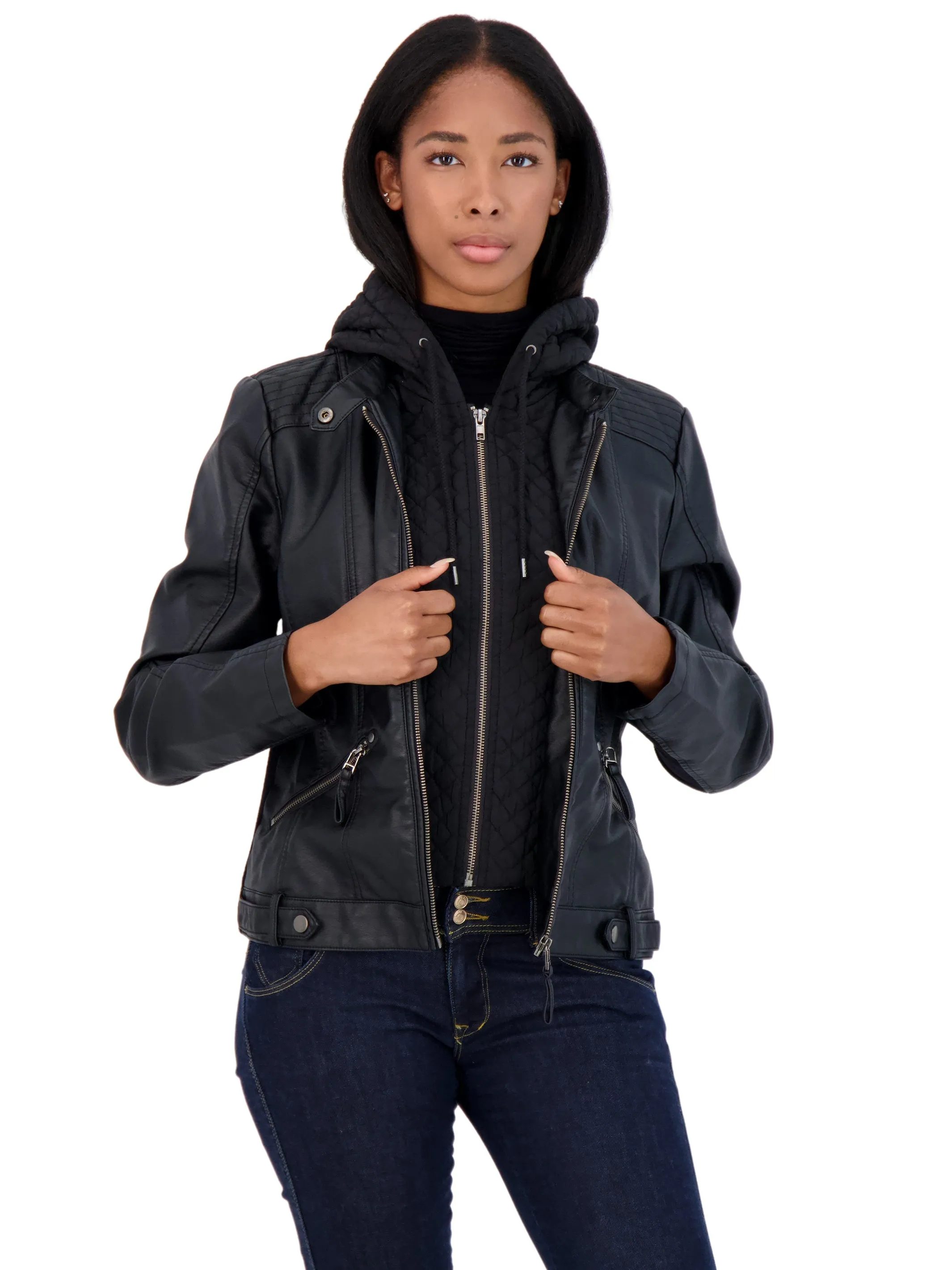 Sebby Collection Women's Faux Leather Jacket with Quilted Hood and Bib