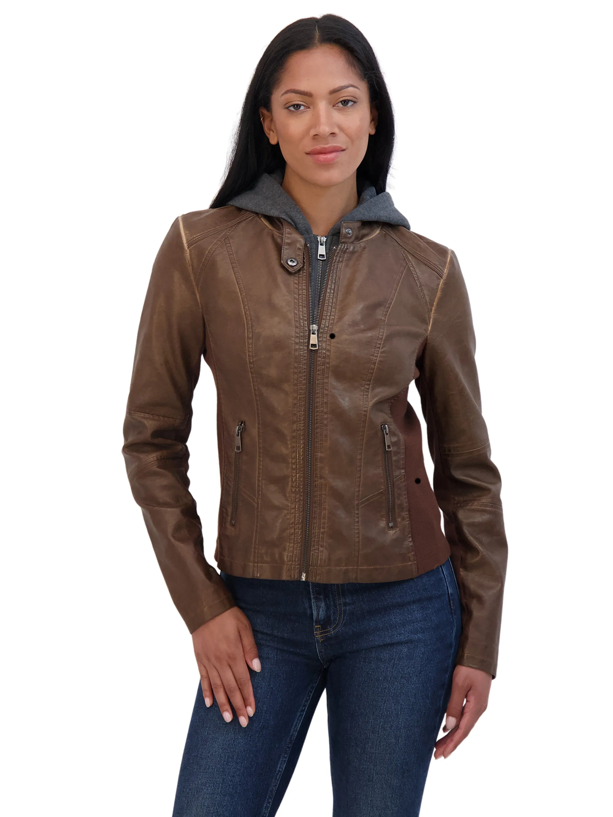 Sebby Collection Women's Zip Front Faux Leather Jacket With Removeable Hood Bib