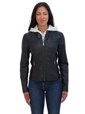 Sebby Collection Women's Zip Front Faux Leather Jacket With Removeable Hood Bib